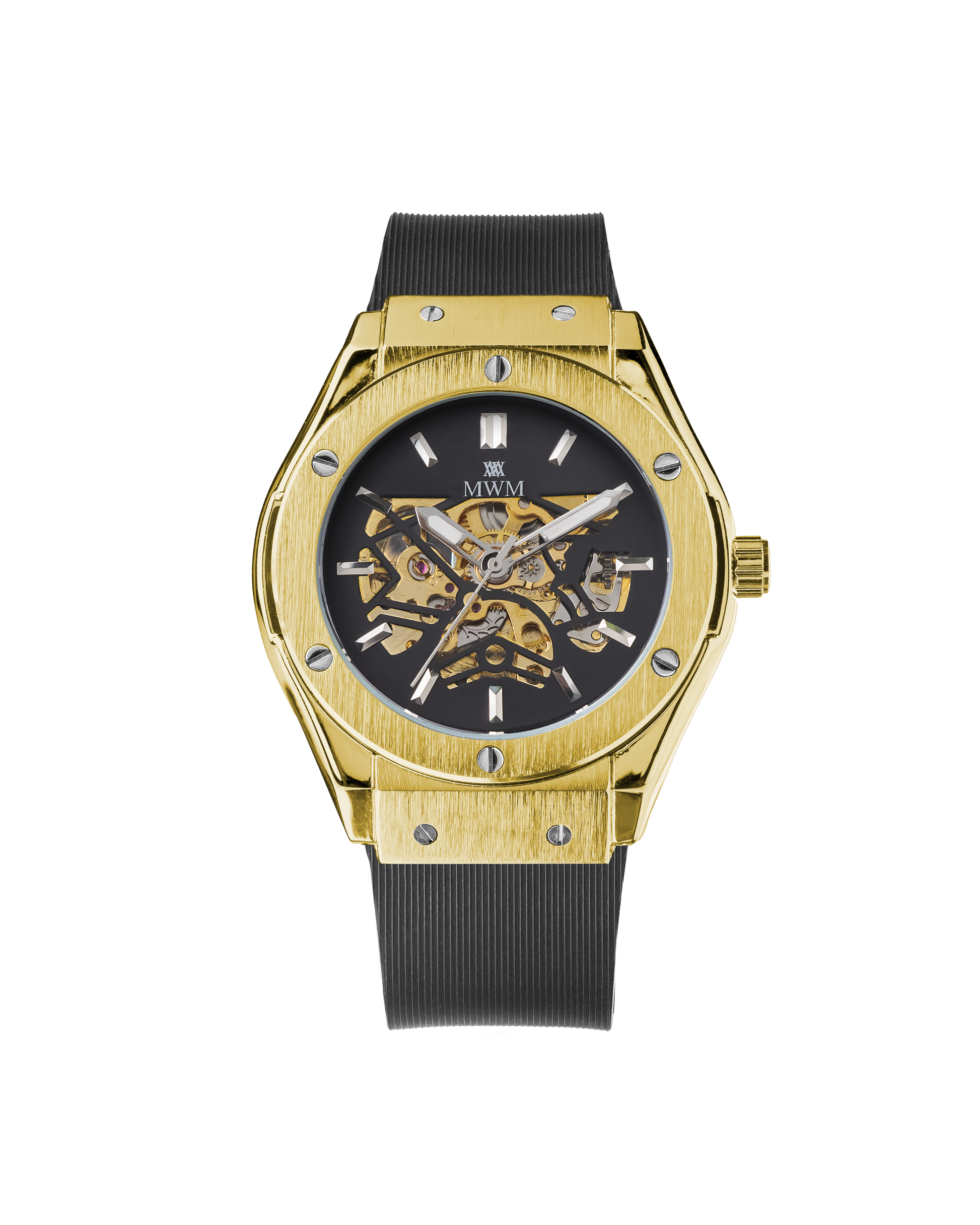 An image of the Aureate Mars watch by MWM, showcasing the front of the watch. The watch features an ultramodern design with a gold-colored stainless steel case and a black silicone band. It is an automatic watch with a 3-hand dial and luxurious details. The watch has a 42mm case diameter and is water-resistant up to 3ATM. The exhibition case back allows for a glimpse into the watchmaking artistry. The Aureate Mars is a bold and sophisticated timepiece that adds a touch of luxury to any outfit.