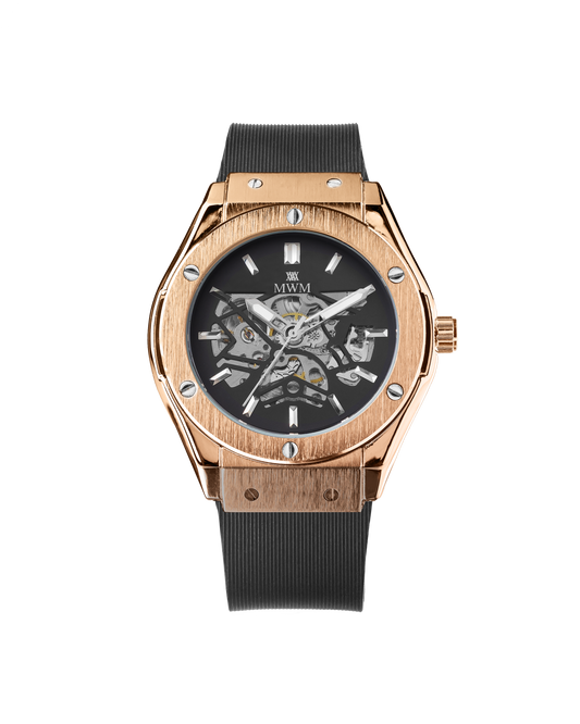 An image of the Rose Mars watch by MWM, showcasing the front of the watch. The watch features an ultramodern design with a rose gold-colored stainless steel case and a black silicone band. It is an automatic watch with a 3-hand dial and luxurious details. The watch has a 42mm case diameter and is water-resistant up to 3ATM. The exhibition case back allows for a glimpse into the watchmaking artistry. The Rose Mars is a chic and sophisticated timepiece that adds a touch of luxury to any outfit